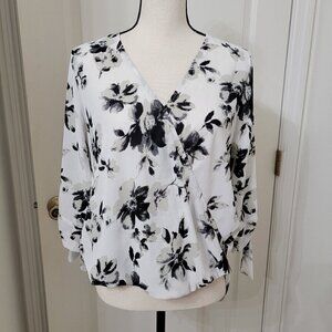 West Kei Size S White w/ Black and Gray Floral Bubble Hem Blouse